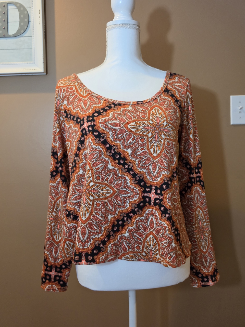 Ultra Flirt Orange and Black Paisley Long-Sleeve Scoop Neck Top